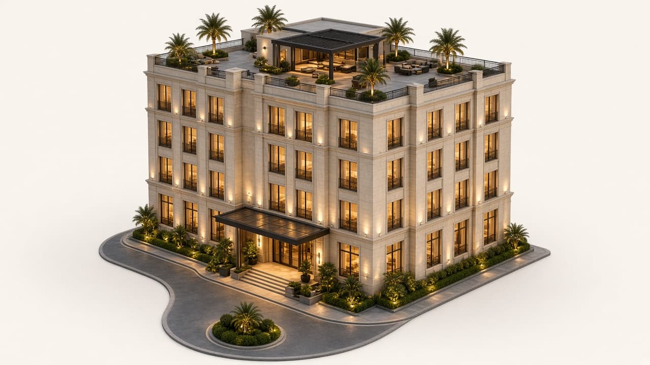 تصور معماري ثلاثي الأبعاد لفندق فاخر